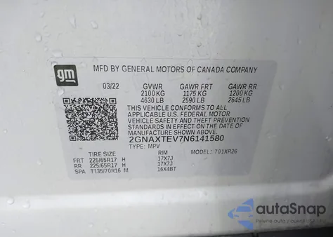 2022 Chevrolet Equinox Awd 2Fl из США, поврежденный, VIN 2GNAXTEV7N6141580